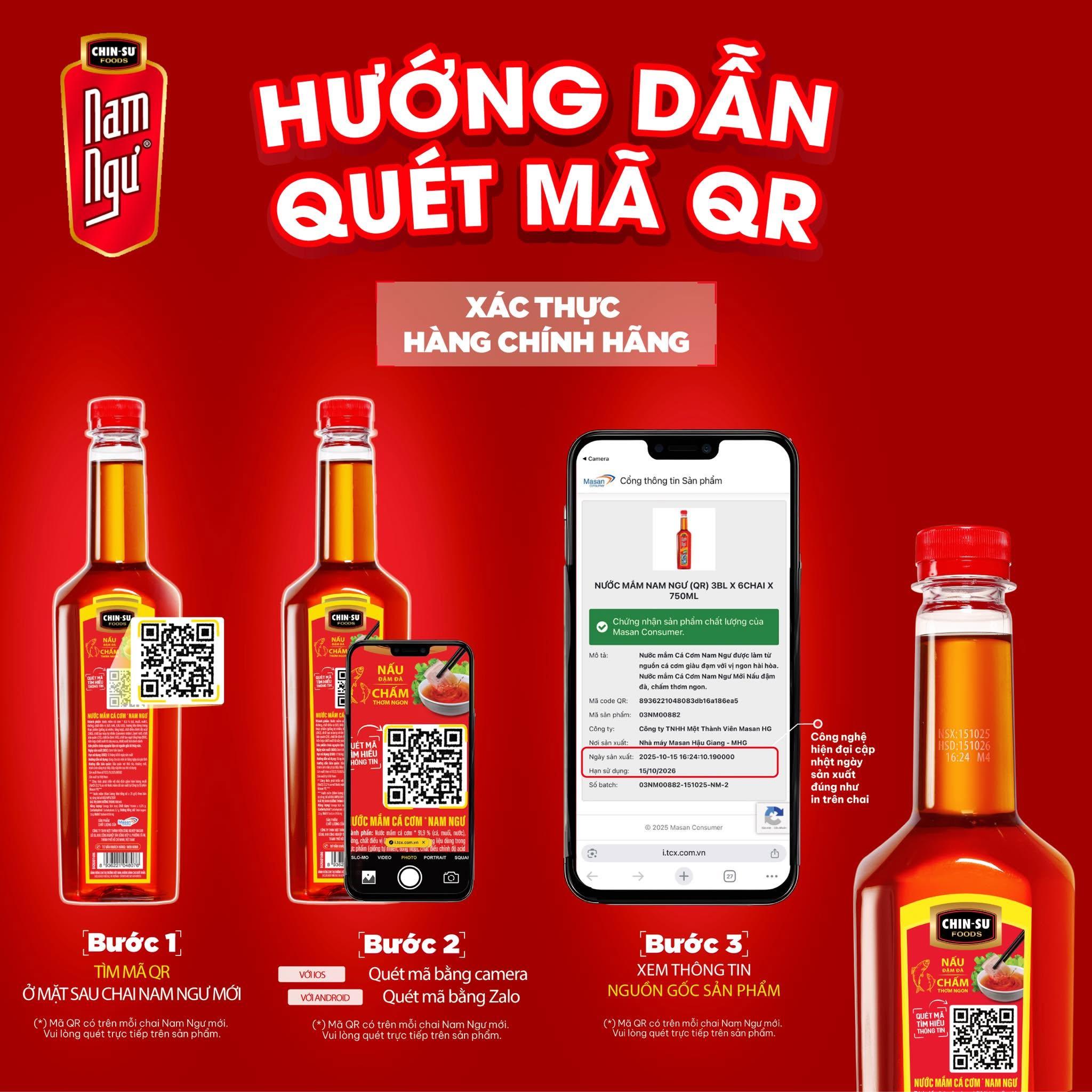 Người tiêu dùng quét mã QR Code chỉ với vài giây trên nước mắm Nam Ngư Nhãn Vàng chai 650ml
